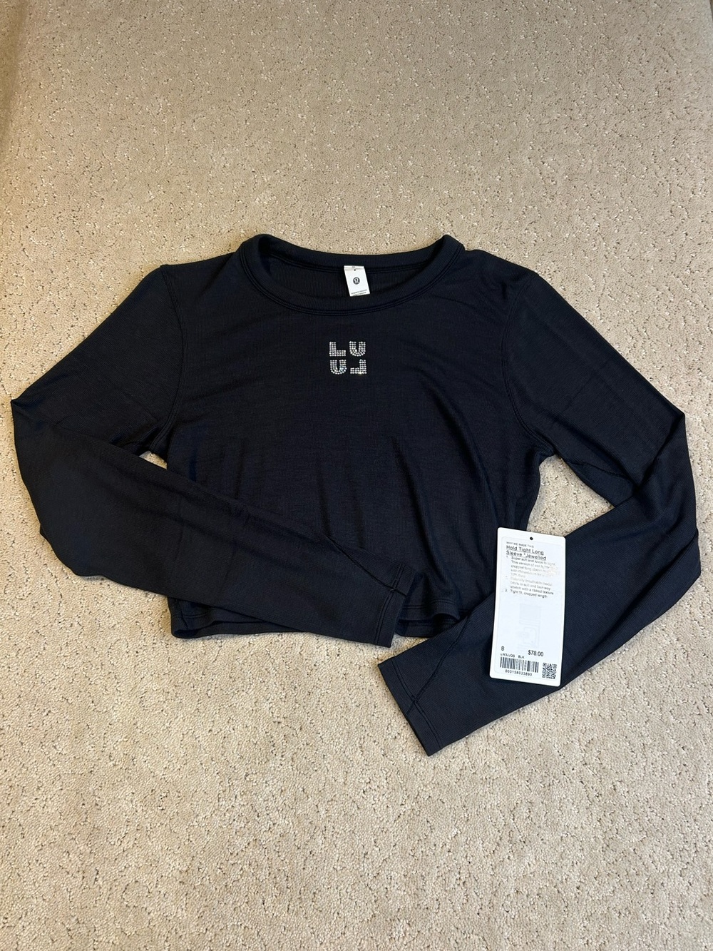 NWT Lululemon Black Hold Tight Jeweled Long Sleeve Cropped Top Size 8